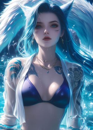 Stunning Anime Fox Girl Artwork: Aquatic Serenity - Premium Wooden Framed Poster. Ready to Hang.