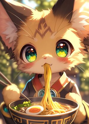 Adorable Anime Cat Enjoying Ramen - Premium Wooden Framed Poster. Ready to Hang.