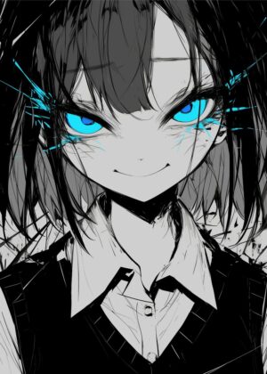 Mysterious Anime Girl with Blue Eyes Glow Art Print - Premium Wooden Framed Poster. Ready to Hang.
