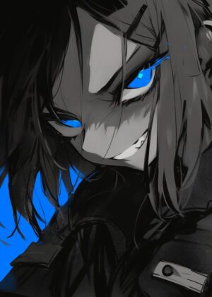 Blue Eye Glow: Anime Girl Art Print - Premium Wooden Framed Poster. Ready to Hang.