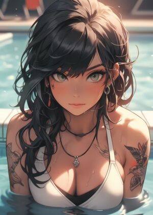 Tattooed Anime Girl by the Pool - Premium Wooden Framed Poster. Ready to Hang.