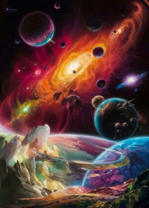Galactic Anime Odyssey: A Journey Through Vibrant Nebulae and Cosmic Worlds - Premium Wooden Framed Poster. Ready to Hang.