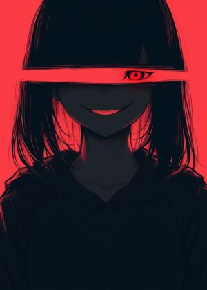 Red Eye Glow: Mysterious Anime Girl Art Print - Premium Wooden Framed Poster. Ready to Hang.
