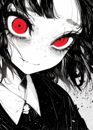 Red Eye Glow: Anime Girl Art Print - Premium Wooden Framed Poster. Ready to Hang.