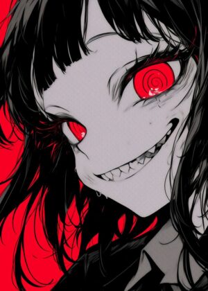 Red Eye Glow: Anime Girl Art Print - Premium Wooden Framed Poster. Ready to Hang.