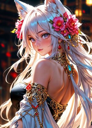 Enchanted Fox Maiden: A Mystical Digital Art Print - Premium Wooden Framed Poster. Ready to Hang.