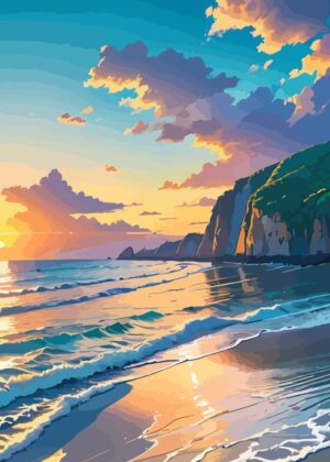 Serene Beach Sunset: A Vibrant Coastal Landscape - Premium Wooden Framed Poster. Ready to Hang.