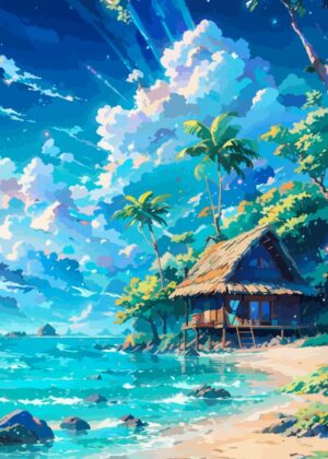 Tropical Getaway: Beachfront Home Stay - Premium Wooden Framed Poster. Ready to Hang.