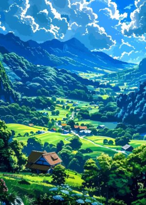 Serene Mountain Village Landscape Art Print - Premium Wooden Framed Poster. Ready to Hang.