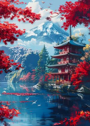 Serene Sakura Temple: A Breathtaking Japanese Landscape - Premium Wooden Framed Poster. Ready to Hang.