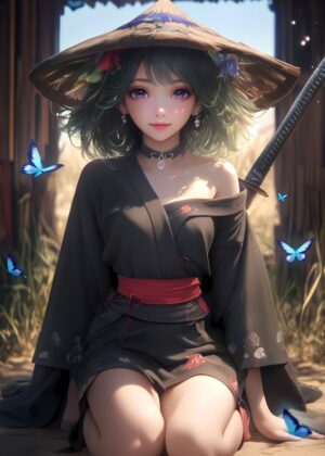 Samurai Girl and Butterflies: Anime Art Print - Premium Wooden Framed Poster. Ready to Hang.