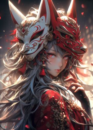 Beautiful Samurai Siren: Kitsune Mask Artwork - Premium Wooden Framed Poster. Ready to Hang.