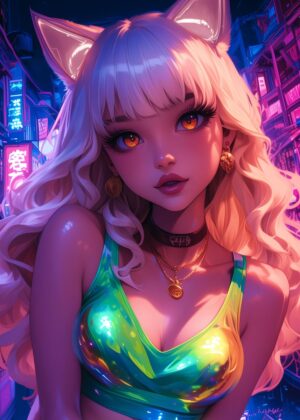 Neon City Dreams: Cute Anime Girl Art Print - Premium Wooden Framed Poster. Ready to Hang.