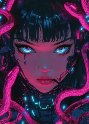 Psychedelic Medusa: Cyberpunk Anime Art Print - Premium Wooden Framed Poster. Ready to Hang.