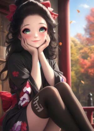 Smiling Geisha in Autumn: Anime Art Print - Premium Wooden Framed Poster. Ready to Hang.