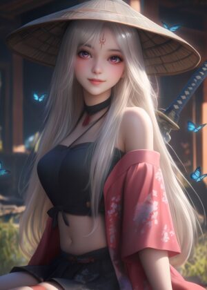 Samurai Girl with Butterflies: Digital Art Print - Premium Wooden Framed Poster. Ready to Hang.