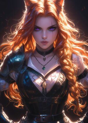 Fiery-Haired Fox Girl with Purple Eyes - Premium Wooden Framed Poster. Ready to Hang.