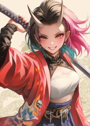 Oni Warrior Girl in Red: Fierce and Beautiful Anime Art Print - Premium Wooden Framed Poster. Ready to Hang.