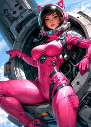 Sexy Pink Astronaut Girl: Sci-Fi Anime Art Print - Premium Wooden Framed Poster. Ready to Hang.