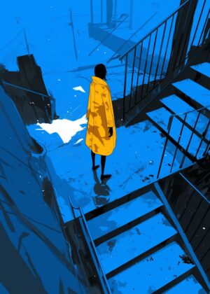 Urban Solitude: A Cityscape of Blues and Yellows - Premium Wooden Framed Poster. Ready to Hang.