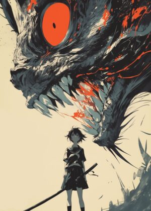Brave Girl Facing Monstrous Beast: Anime-Inspired Artwork - Premium Wooden Framed Poster. Ready to Hang.