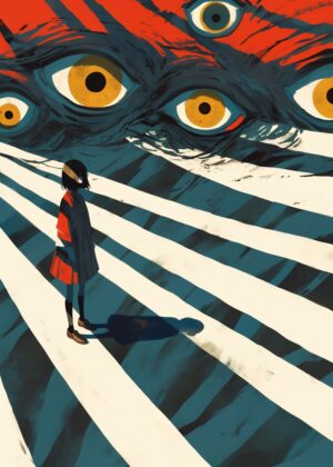 A Girl and the Eyes of the Abyss: Surreal Artwork Print - Premium Wooden Framed Poster. Ready to Hang.