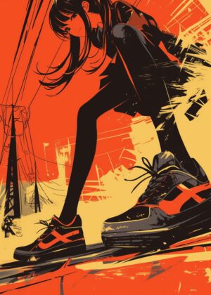 Urban Escape: Anime Girl in Motion - Premium Wooden Framed Poster. Ready to Hang.