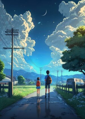 Cozy Afternoon in a Japanese Village: Anime-Inspired Art Print - Premium Wooden Framed Poster. Ready to Hang.