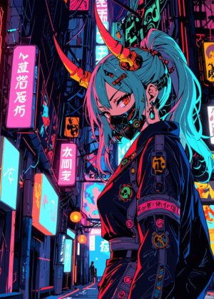 Cyberpunk Demoness: Neon City Nights - Premium Wooden Framed Poster. Ready to Hang.