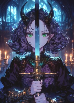 Oni Girl Glowing Sword Art Print - Premium Wooden Framed Poster. Ready to Hang.