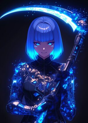 Gothic Scythe Wielder: Anime Digital Art Print - Premium Wooden Framed Poster. Ready to Hang.