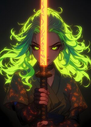 Neon Samurai Girl: Fierce Warrior Artwork - Premium Wooden Framed Poster. Ready to Hang.