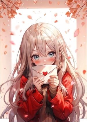 Adorable Anime Girl Receiving a Valentine's Day Gift - Premium Wooden Framed Poster. Ready to Hang.