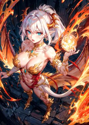 Dragon Flame Woman: Fiery Anime Art Print - Premium Wooden Framed Poster. Ready to Hang.