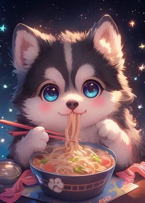 Adorable Husky Enjoying a Delicious Meal - Premium Wooden Framed Poster. Ready to Hang.