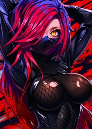 Cyberninja Anime Girl: Fiery Red Hair and Striking Eyes - Premium Wooden Framed Poster. Ready to Hang.