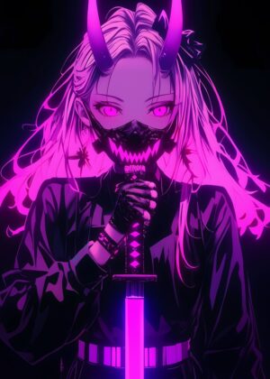 Oni Girl Neon Katana: Cyberpunk Anime Art Print - Premium Wooden Framed Poster. Ready to Hang.