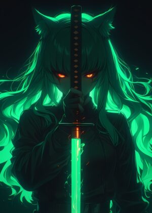 Neon Fox Girl with Katana: Digital Art Print - Premium Wooden Framed Poster. Ready to Hang.