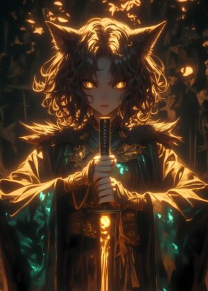 Wolf Girl Neon Katana: Digital Art Print - Premium Wooden Framed Poster. Ready to Hang.
