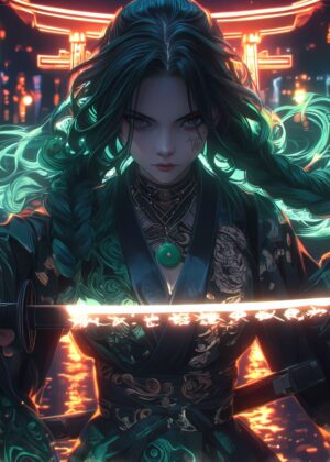 Cyberpunk Samurai Girl with Neon Katana - Premium Wooden Framed Poster. Ready to Hang.