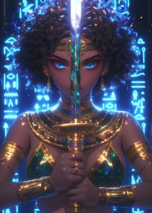 Neon Egyptian Queen: Digital Art Print - Premium Wooden Framed Poster. Ready to Hang.