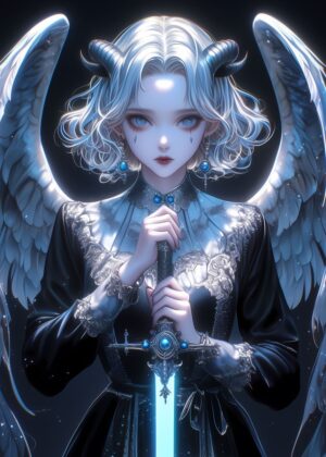 Gothic Angel with Sword: Dark Fantasy Art Print - Premium Wooden Framed Poster. Ready to Hang.