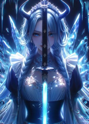 Ice Maid: Anime Digital Art Print - Premium Wooden Framed Poster. Ready to Hang.