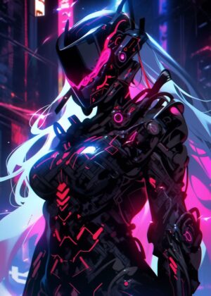 Cyberpunk Anime Girl: Neon Dreams - Premium Wooden Framed Poster. Ready to Hang.