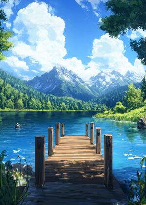 Serene Mountain Lake Dock: A Breathtaking Digital Artwork - Premium Wooden Framed Poster. Ready to Hang.