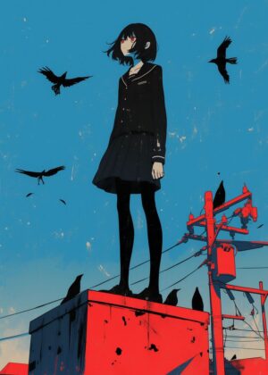 Melancholy Girl and Crows: A Darkly Beautiful Illustration - Premium Wooden Framed Poster. Ready to Hang.