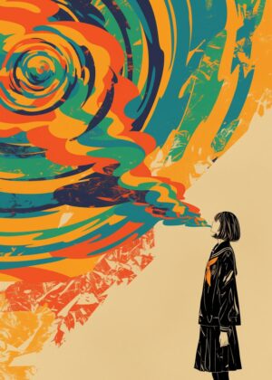 Abstract Whimsy: A Girl and Her Colorful Dreams - Premium Wooden Framed Poster. Ready to Hang.