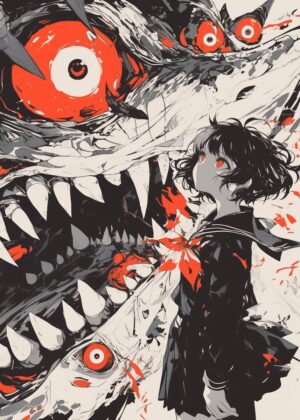 Abnormal Core: Anime Girl and Monstrous Entity Artwork - Premium Wooden Framed Poster. Ready to Hang.