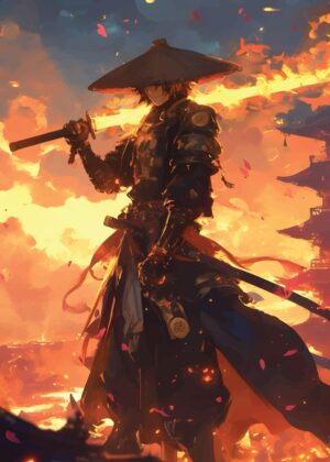 Fiery Sunset Samurai Woman - Premium Wooden Framed Poster. Ready to Hang.
