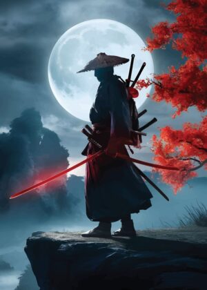 Samurai Under the Blood Moon: A Digital Art Print - Premium Wooden Framed Poster. Ready to Hang.